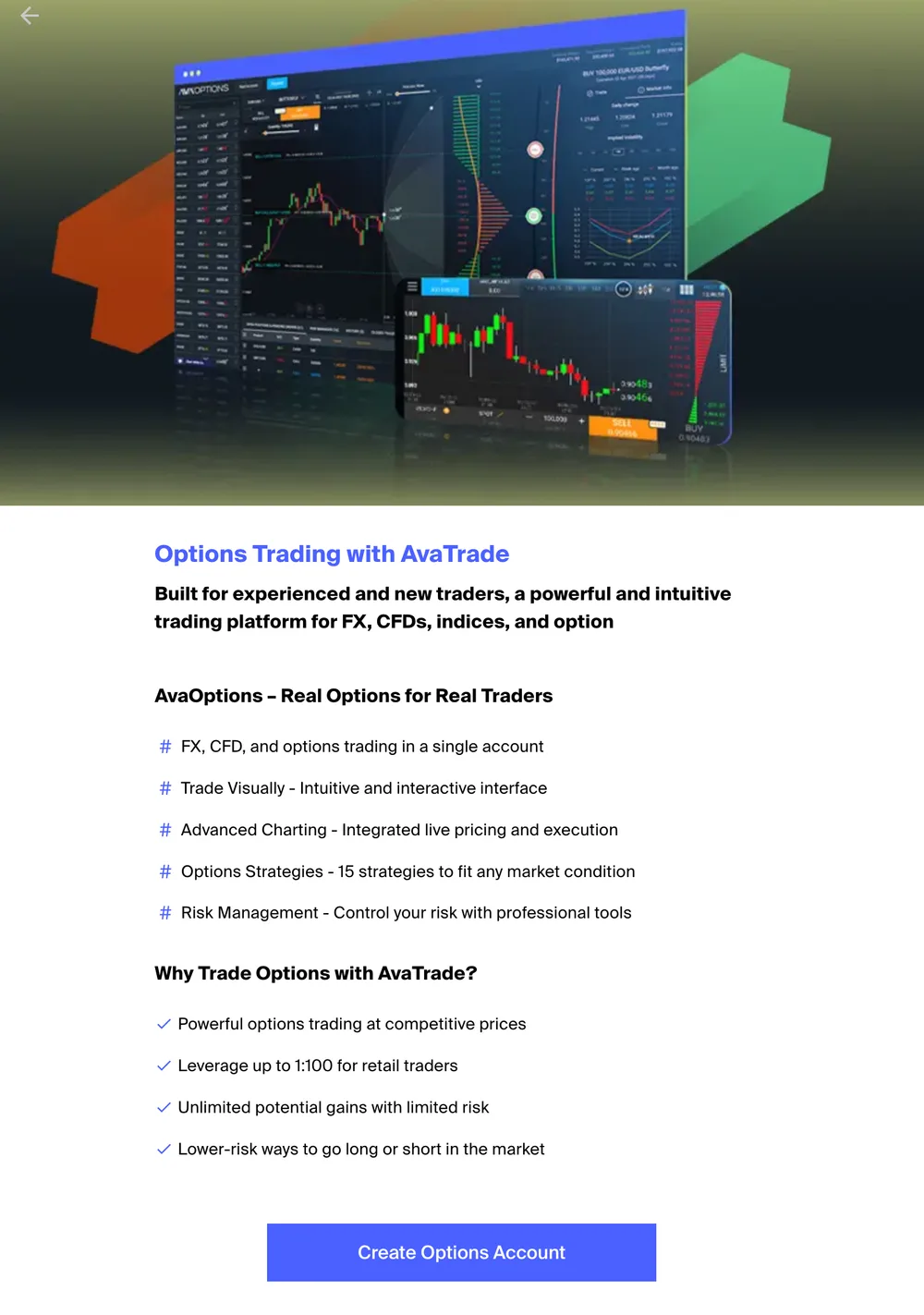 AvaTrade's Options account card for AvaOptions, stating retail leverage up to 1:100