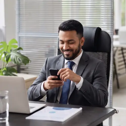 A trader reviewing broker research at a desk overlooking the Dubai skyline.